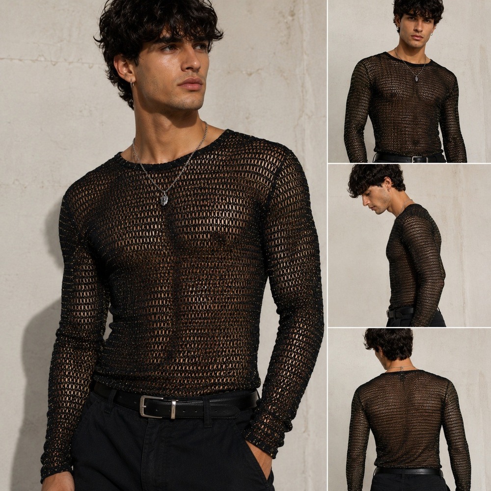 NWT Black Gold Metallic Open Fishnet Top Mesh Knit Top Men's Small or Unisex